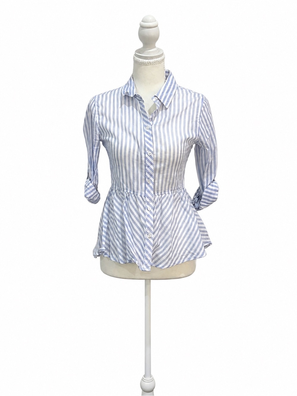 Love Notes Blue & White Striped Peplum Button Front Top XS